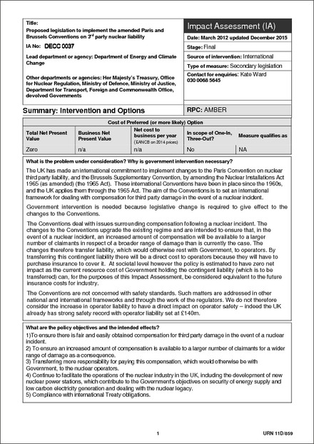 Impact Assessment to The Nuclear Installations (Liability for Damage) Order 2016