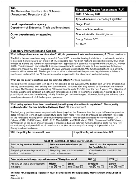 Impact Assessment to The Renewable Heat Incentive Schemes (Amendment) Regulations (Northern Ireland) 2016