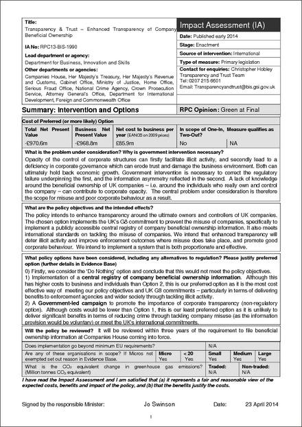 Impact Assessment to The European Public Limited-Liability Company (Register of People with Significant Control) Regulations 2016