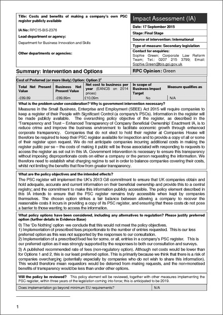 Impact Assessment to The Register of People with Significant Control Regulations 2016