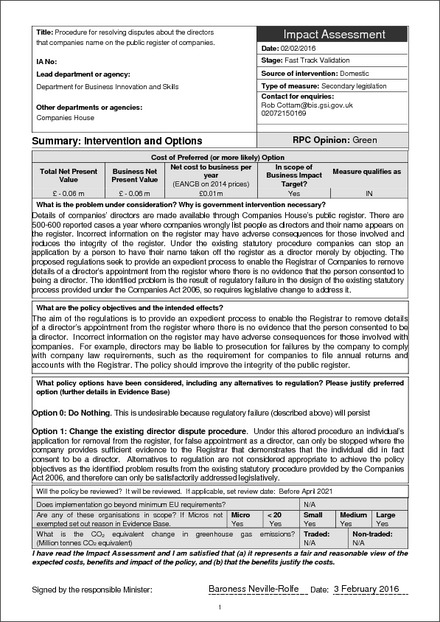 Impact Assessment to The Registrar of Companies and Applications for Striking Off (Amendment) Regulations 2016