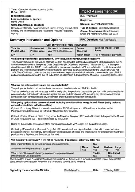 Impact Assessment to The Misuse of Drugs Act 1971 (Amendment) (No. 2) Order 2017