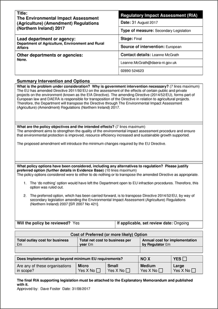 Impact Assessment to The Environmental Impact Assessment (Agriculture) (Amendment No. 2) Regulations (Northern Ireland) 2017