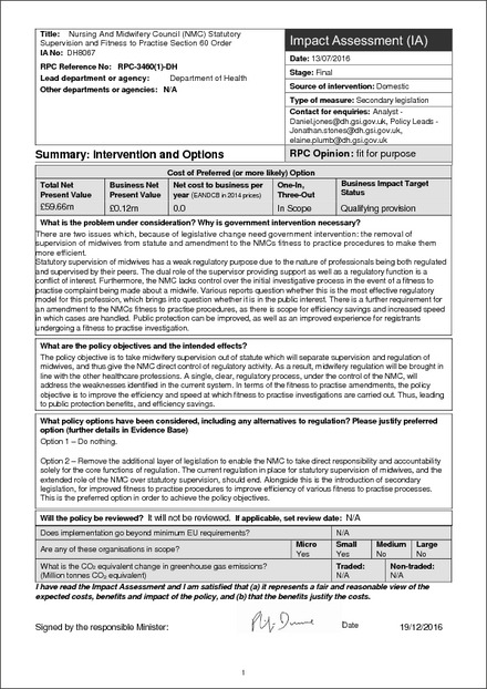 The Nursing and Midwifery (Amendment) Order 2017 - Impact Assessment