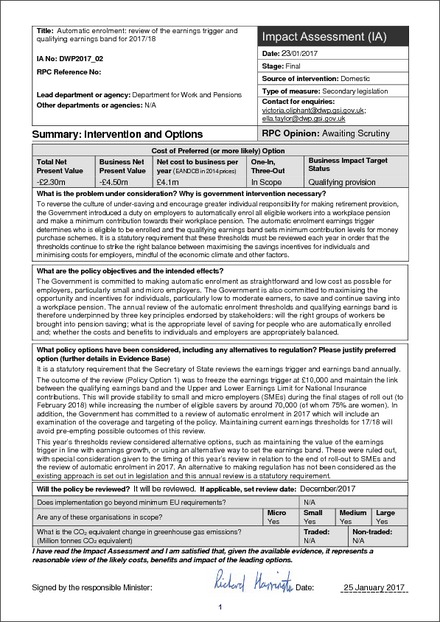 Impact Assessment to The Automatic Enrolment (Earnings Trigger and Qualifying Earnings Band) Order 2017