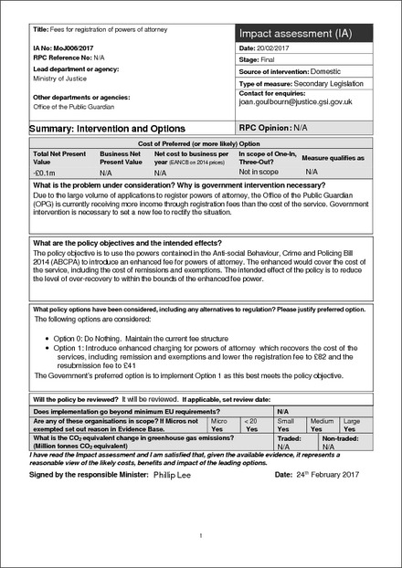 Impact Assessment to The Public Guardian (Fees, etc.) (Amendment) Regulations 2017