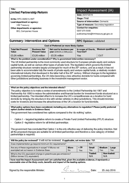 Impact Assessment to The Legislative Reform (Private Fund Limited Partnerships) Order 2017