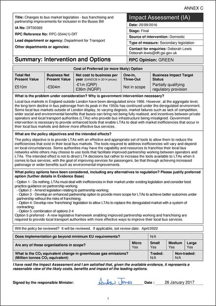 Impact Assessment to The Advanced Quality Partnership Schemes (England) Regulations 2018