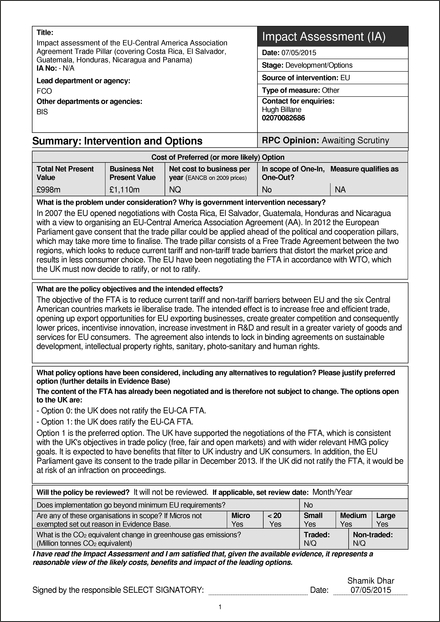 Impact Assessment to The European Union (Definition of Treaties) (Association Agreement) (Central America) Order 2018 (revoked)