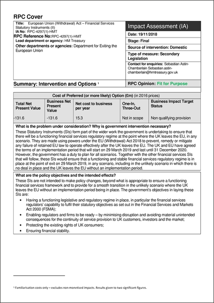 Impact Assessment to The Bank Recovery and Resolution and Miscellaneous Provisions (Amendment) (EU Exit) Regulations 2018