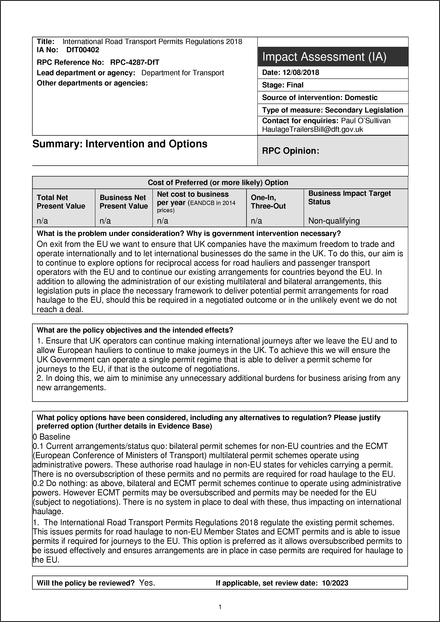 The International Road Transport Permits (EU Exit) Regulations 2018 ...