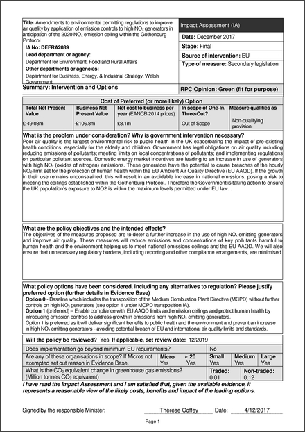 Impact Assessment to The Environmental Permitting (England and Wales) (Amendment) Regulations 2018