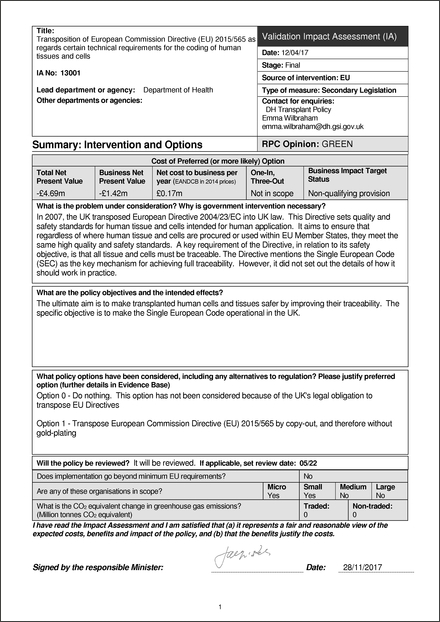 Impact Assessment to The Human Fertilisation and Embryology (Amendment) Regulations 2018