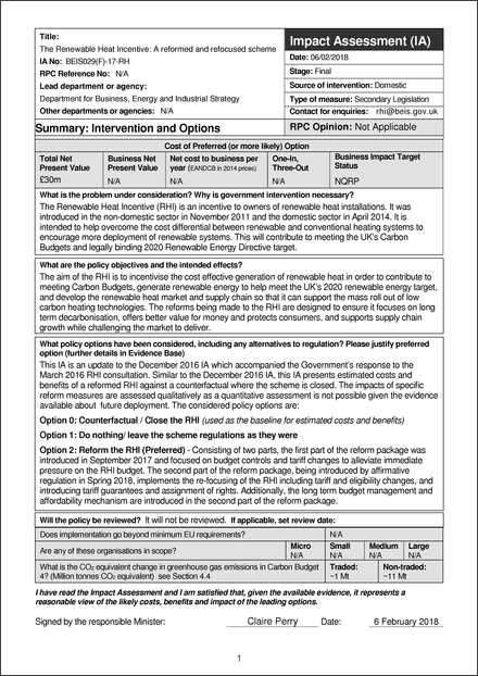 Impact Assessment to The Renewable Heat Incentive Scheme Regulations 2018