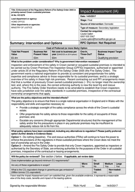 Impact Assessment to The Regulatory Reform (Fire Safety) (Custodial Premises) Subordinate Provisions Order 2018