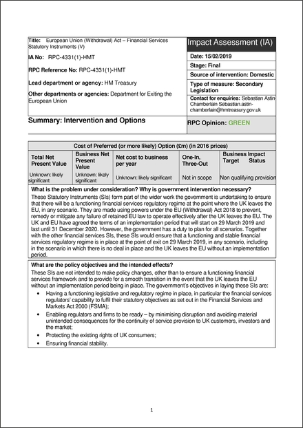 Impact Assessment to The Payment Accounts (Amendment) (EU Exit) Regulations 2019 (revoked)