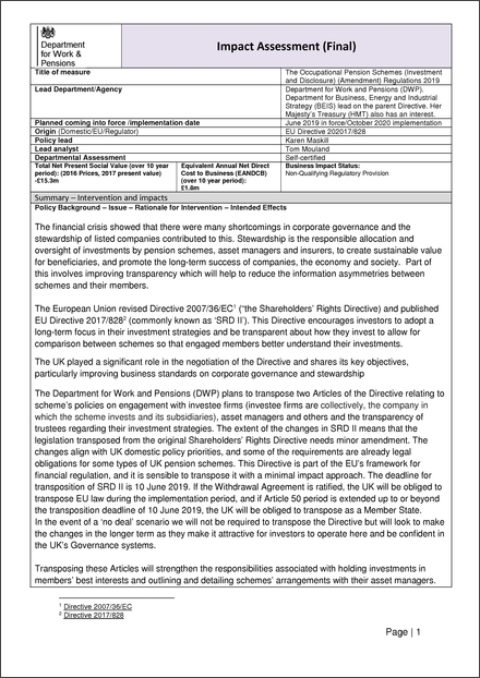 Impact Assessment to The Occupational Pension Schemes (Investment and Disclosure) (Amendment) Regulations 2019