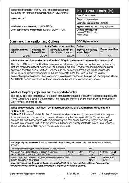 Impact Assessment to The Firearms (Fees) Regulations 2019