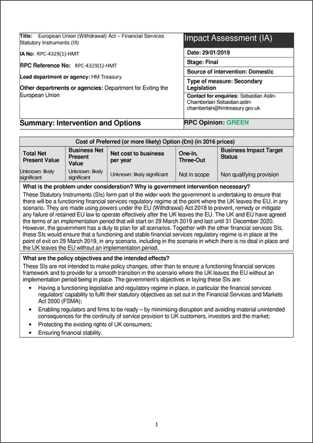 Impact Assessment to The Financial Conglomerates and Other Financial Groups (Amendment etc.) (EU Exit) Regulations 2019