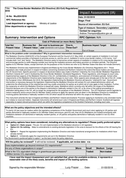 Impact Assessment to The Cross-Border Mediation (EU Directive) (EU Exit) Regulations 2019