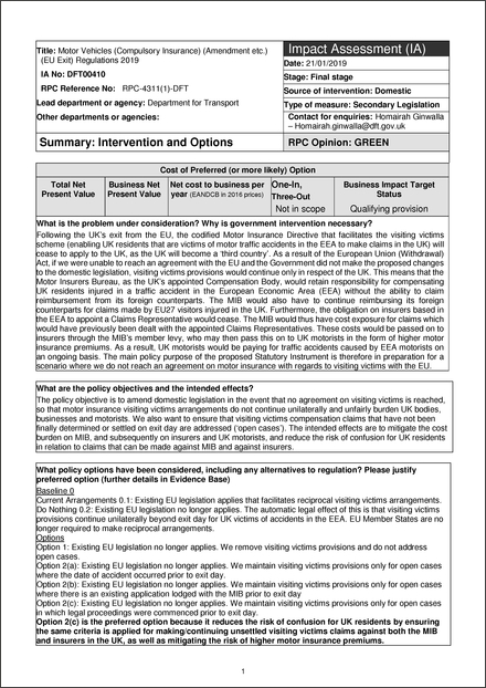 Impact Assessment to The Motor Vehicles (Compulsory Insurance) (Amendment etc.) (EU Exit) Regulations 2019