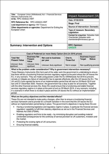 Impact Assessment to The Financial Services and Markets Act 2000 (Amendment) (EU Exit) Regulations 2019