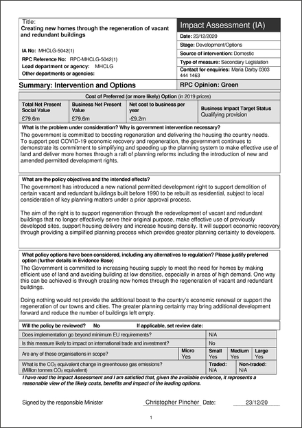 Impact Assessment to The Town and Country Planning (General Permitted Development) (England) (Amendment) (No. 3) Order 2020