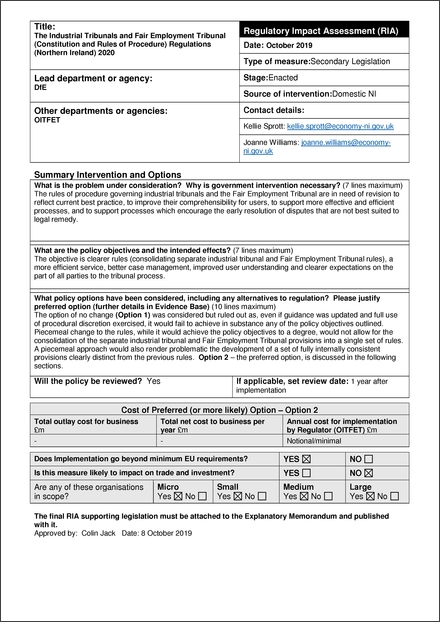 The Industrial Tribunals and Fair Employment Tribunal (Constitution and Rules of Procedure) Regulations (Northern Ireland) 2020