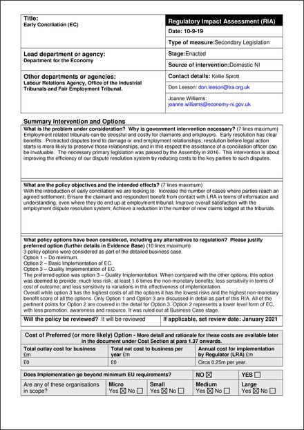 Impact Assessment to The Industrial Tribunals (1996 Order) (Application of Conciliation Provisions) Order (Northern Ireland) 2020