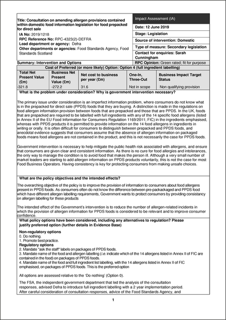 Impact Assessment to The Food Information (Amendment No. 2) Regulations (Northern Ireland) 2020