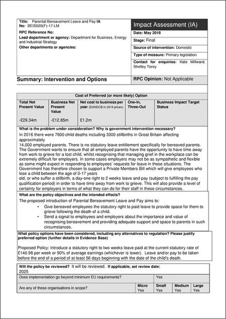 Impact Assessment to The Parental Bereavement Leave Regulations 2020