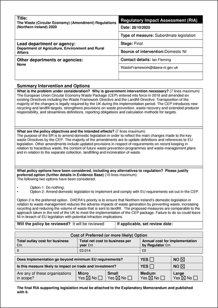 Impact Assessment to The Waste (Circular Economy) (Amendment) Regulations (Northern Ireland) 2020