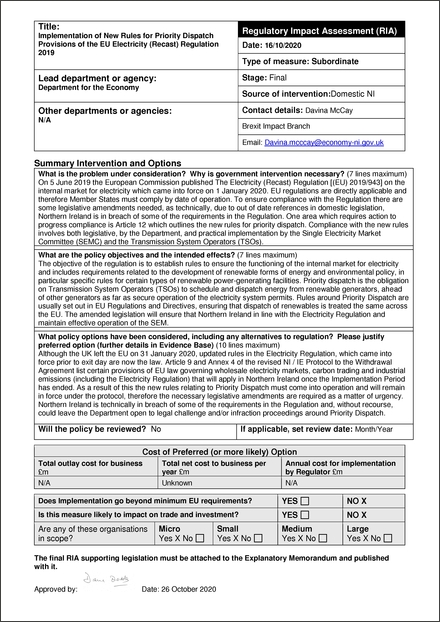 Impact Assessment to The Electricity (Priority Dispatch) Regulations (Northern Ireland) 2020