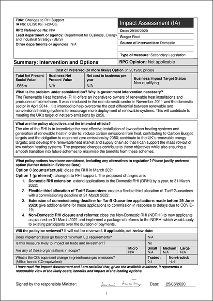 Impact Assessment to The Domestic Renewable Heat Incentive Scheme and Renewable Heat Incentive Scheme (Amendment) Regulations 2021