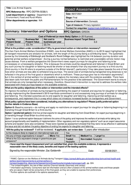 Impact Assessment to Animal Welfare (Livestock Exports) Act 2024