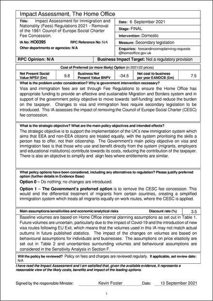 Impact Assessment to The Immigration and Nationality (Replacement of T2 Sportsperson Route and Fees) (Amendment) Regulations 2021