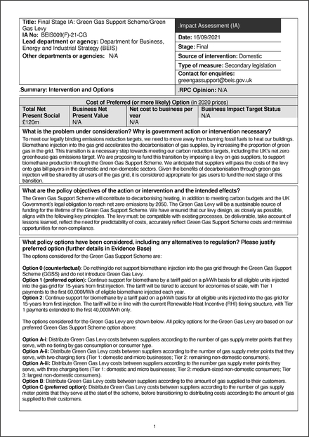 Impact Assessment to The Green Gas Support Scheme Regulations 2021