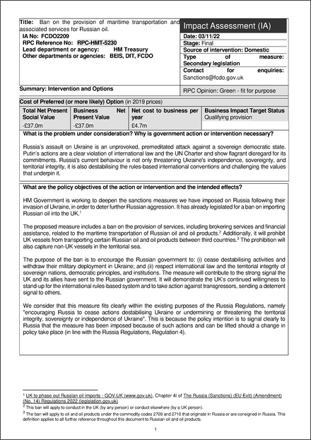 Impact Assessment to The Russia (Sanctions) (EU Exit) (Amendment) (No. 16) Regulations 2022