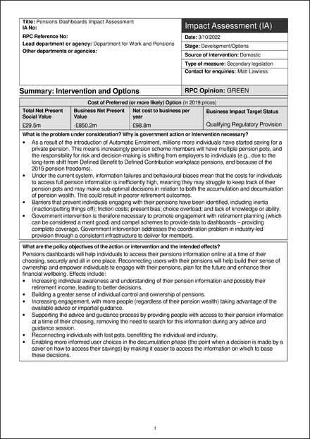 Impact Assessment to The Pensions Dashboards Regulations 2022