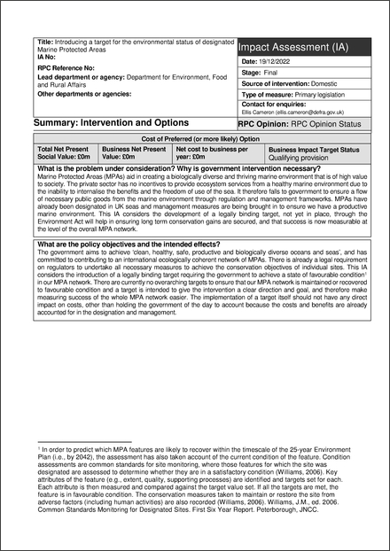 Impact Assessment to The Environmental Targets (Marine Protected Areas) Regulations 2023