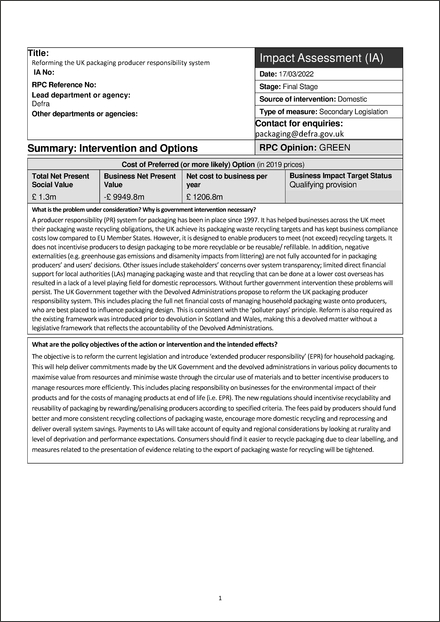 Impact Assessment to The Packaging Waste (Data Reporting) (England) Regulations 2023