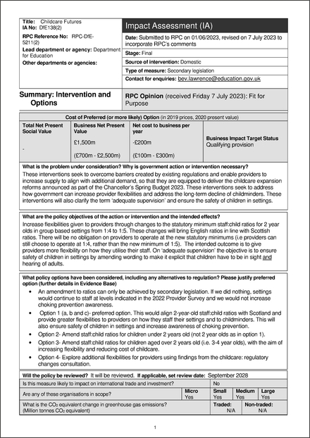 Impact Assessment to The Early Years Foundation Stage (Learning and Development and Welfare Requirements) (Amendment) Regulations 2023