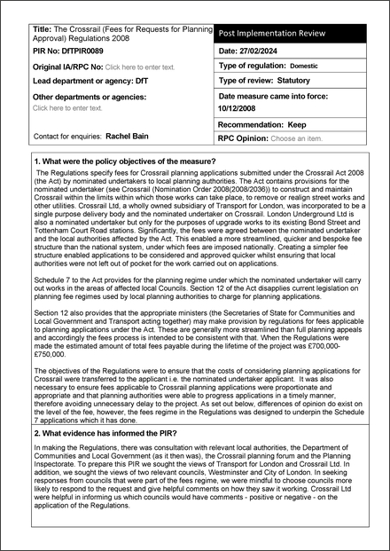 Impact Assessment to The Crossrail (Fees for Requests for Planning Approval) Regulations 2008