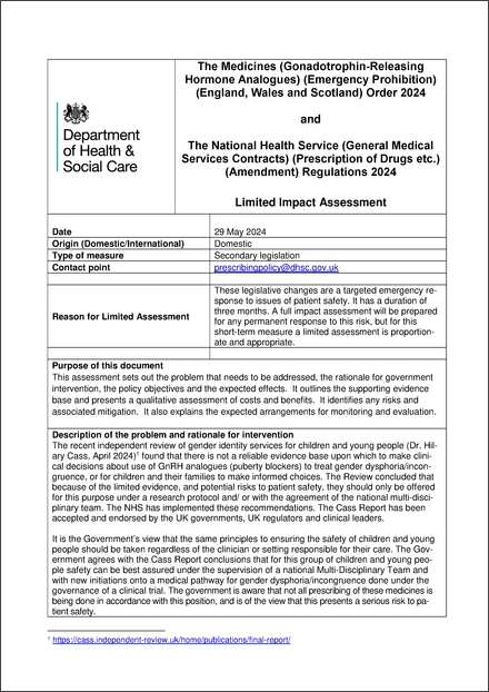 Impact Assessment to The Medicines (Gonadotrophin-Releasing Hormone Analogues) (Emergency Prohibition) (England, Wales and Scotland) Order 2024