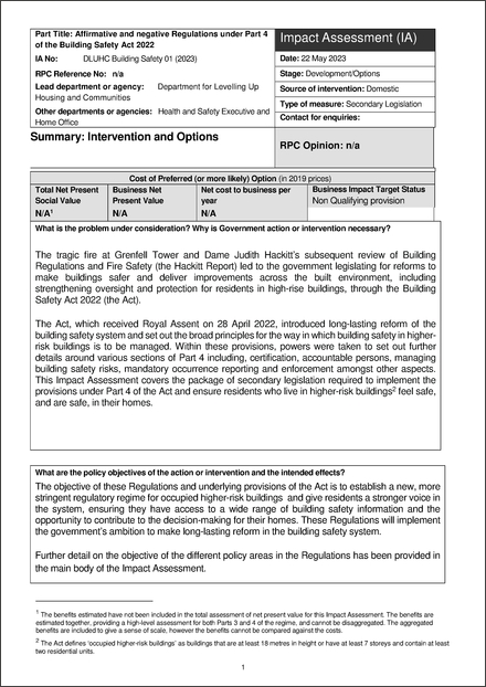 Impact Assessment to The Higher-Risk Buildings (Keeping and Provision of Information etc.) (England) Regulations 2024