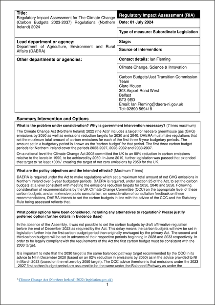 Impact Assessment to The Climate Change (Carbon Budgets 2023-2037) Regulations (Northern Ireland) 2024