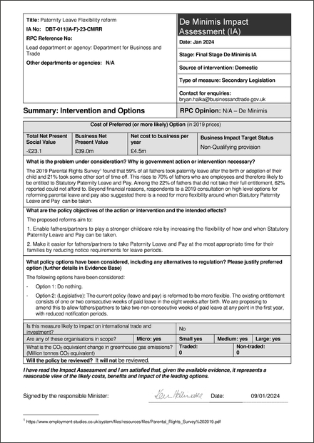 Impact Assessment to The Statutory Paternity Pay (Amendment) Regulations 2024