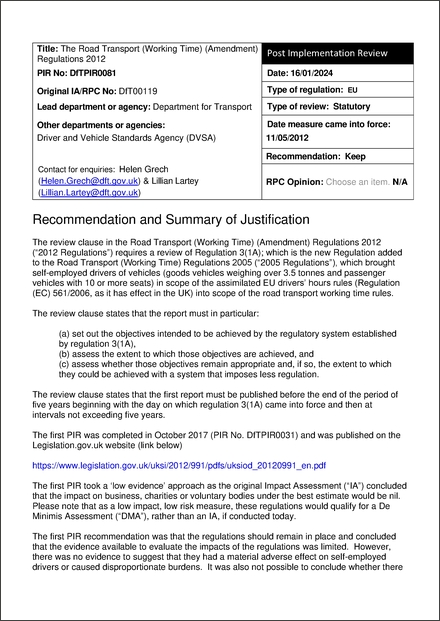Impact Assessment to The Road Transport (Working Time) (Amendment) Regulations 2012