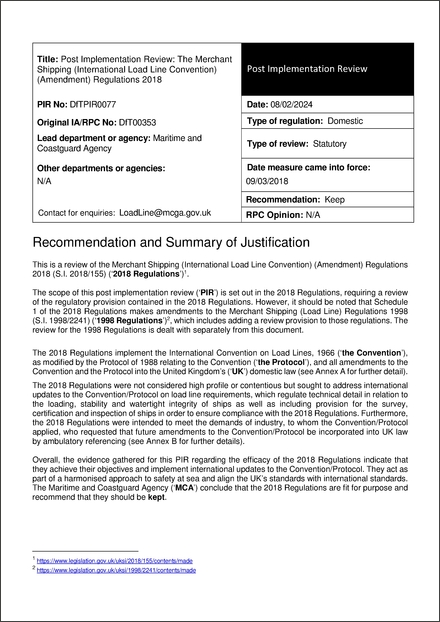 Impact Assessment to The Merchant Shipping (International Load Line Convention) (Amendment) Regulations 2018