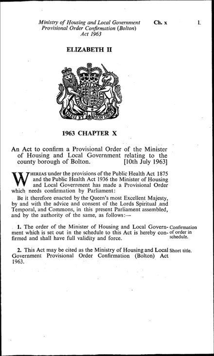 Ministry of Housing and Local Government Provisional Order Confirmation (Bolton) Act 1963